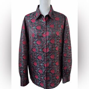 🌹NWOT DiBanGu Silk Blend Floral Button Down Shirt XL Red & Green Rose Print